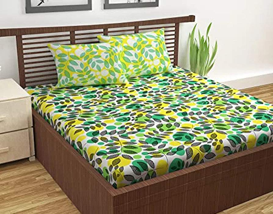 Divine Casa 144 TC Super Soft Cotton Bedsheet for Double Bed  144 Thread Count Floral Colour Green & Yellow