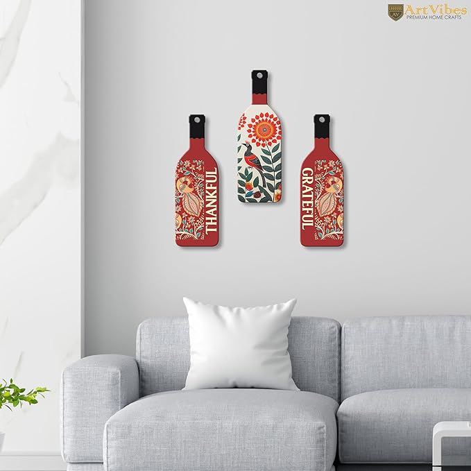 Artvibes Thankful Grateful Wooden Wall Hanging for Home Decor | Set of 3