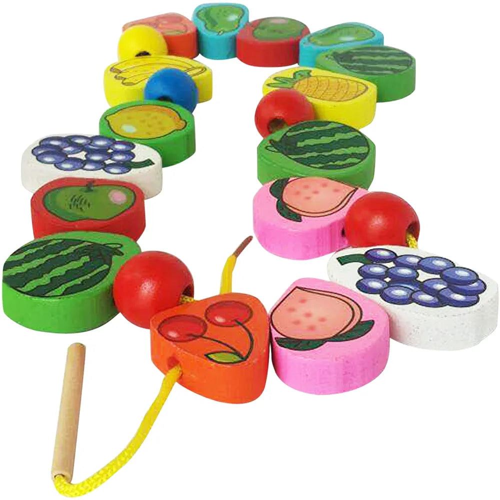Trinkets & More Wood - 56 Piece Fruit Bead Game Lacing Toy Stringing Beading Game Early Educational Toys Kids 3+ Years, Multi-coloured