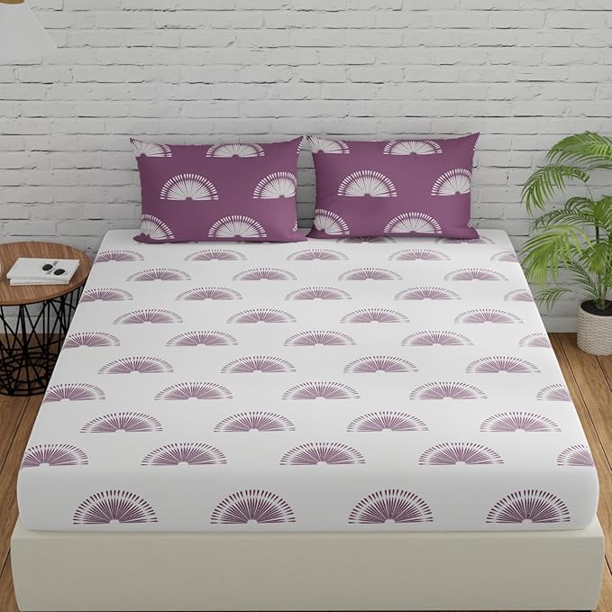 Huesland by Ahmedabad Cotton 144 TC King Size Bedsheet Cotton with 2 Pillow Covers | Sunrise | White & Grape Purple
