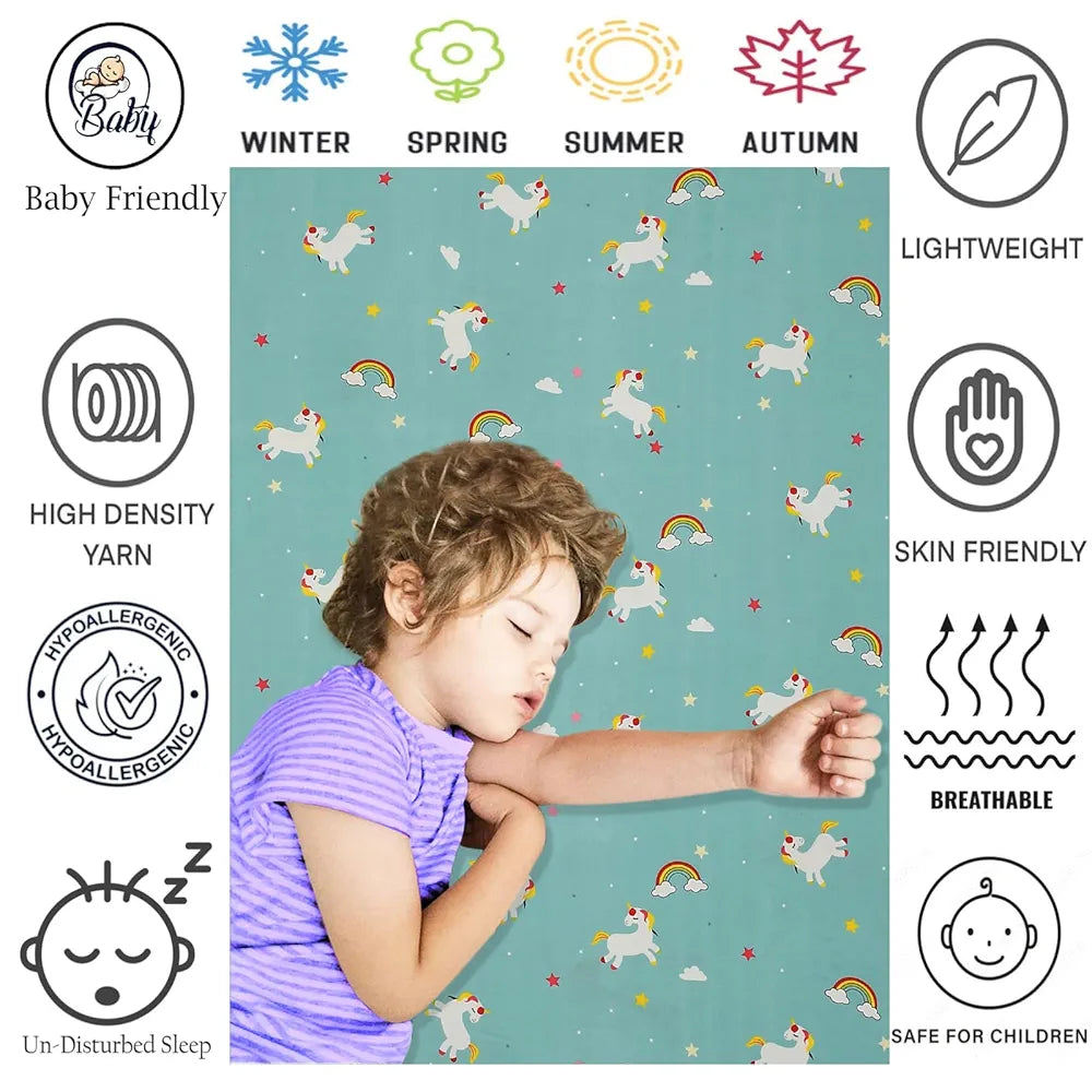Fresh From Loom Elastic Printed Fitted Single Bed Bedsheet For Kids With One Pillow Cover Unicorn Small Single Blue 300 TC Teal