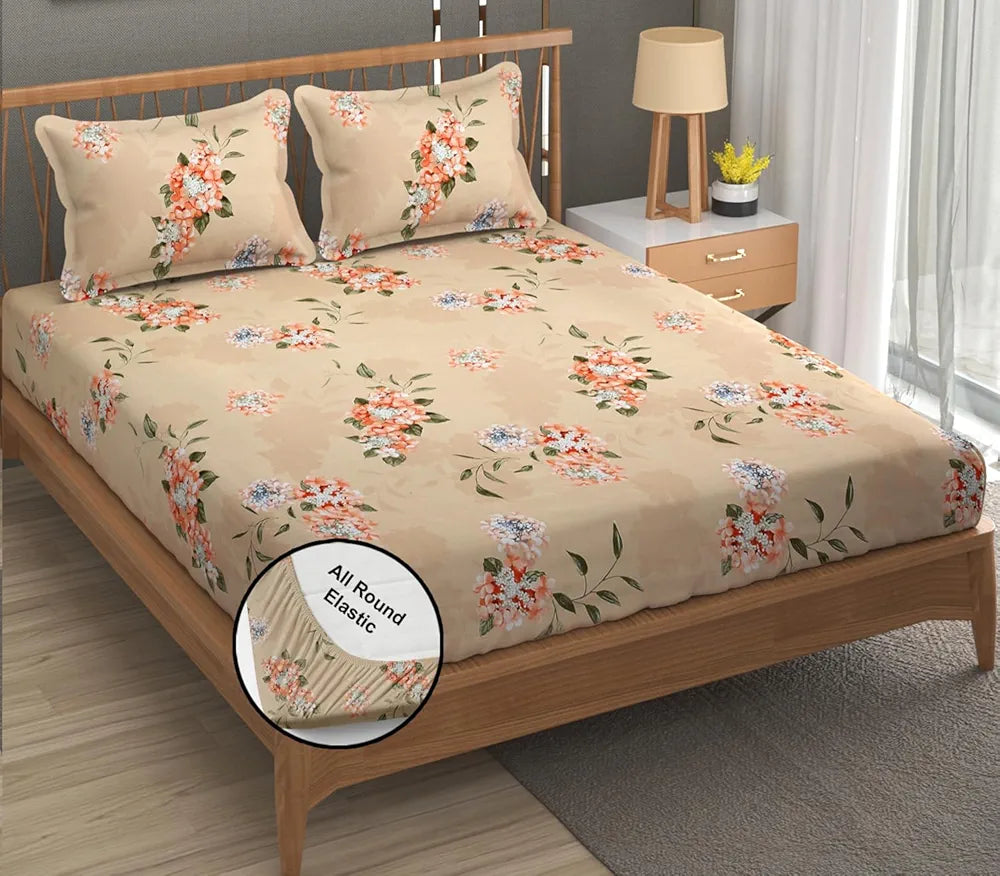 Fresh From Loom Fitted King Size Bedsheet with 2 Pillow Covers Microfiber 240 TC Beige Floral Design