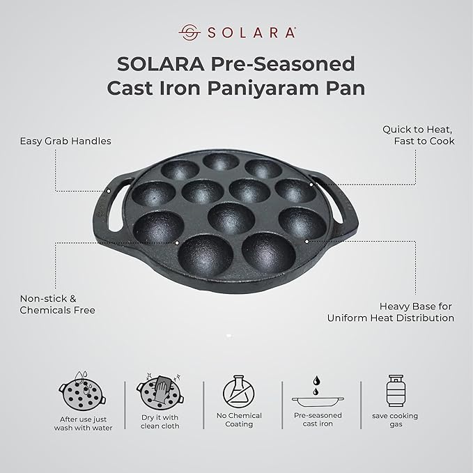 Solara Pre Seasoned Cast Iron Paniyaram Pan 12 Cavities 20 Cm Appam Patra, Paniyarakkal Pan | Cast Iron Cookware