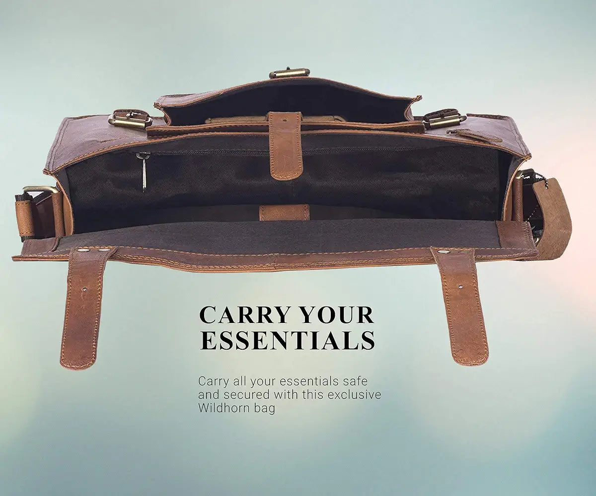WildHorn Classic Leather 10 inch Laptop Messenger Bag for Men I Office Bags I Travel Bags I Carry Handle with Adjustable Strap I DIMENSION : L-11 inch W-4 inch H-11 inch