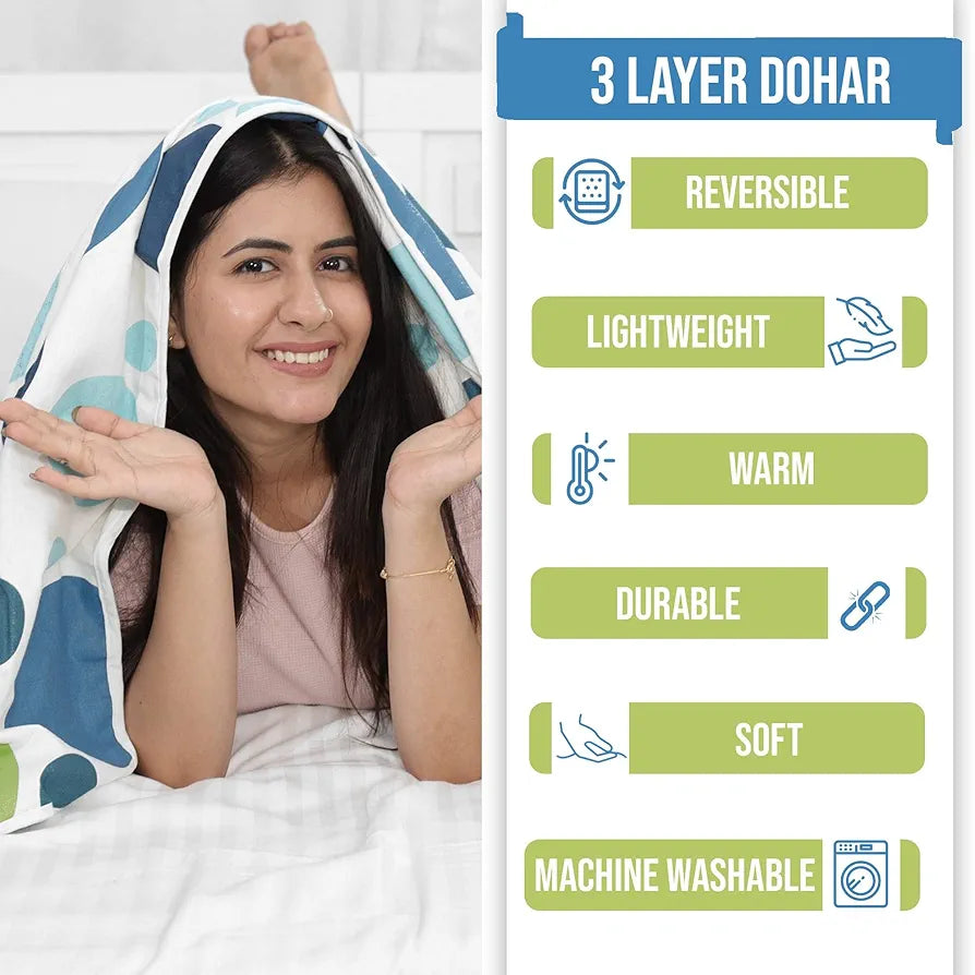 Divine Casa 100% Cotton All Season Reversible Dohar Single Bed Size AC Blanket TC - 120 Emerald and Colour Aqua