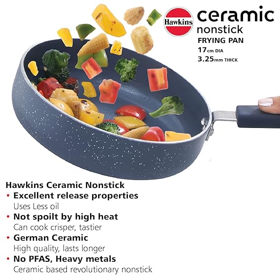 Hawkins Ceramic Nonstick Frying Pan 17 cm Diameter Induction Fry Pan with Glass Lid