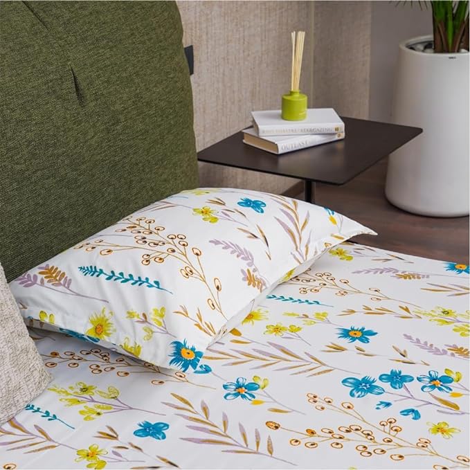 Urban Space Serene Cotton Floral Bedsheet For Double Bed 2 Pillow Covers (Colour France Blue)