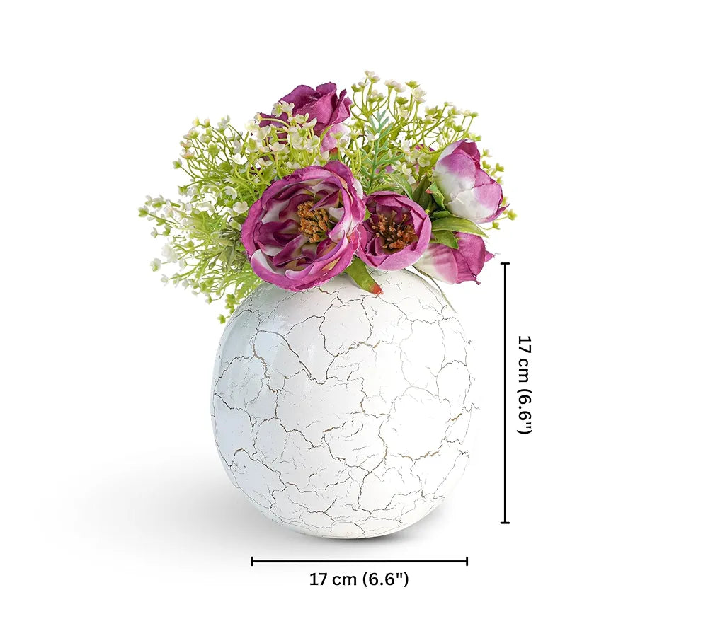 Behoma Metal Ball Vase for Home Decor Off-White Crackled Medium Flowers not Included