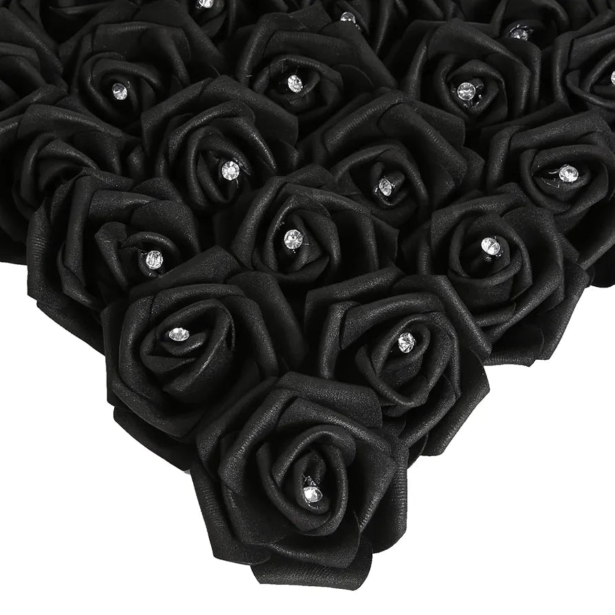 100pcs Black Rose Artificial Flower Heads Bulk with Crystal 3in Real Looking Foam Fake Roses Faux Flowers Black With Crystal
