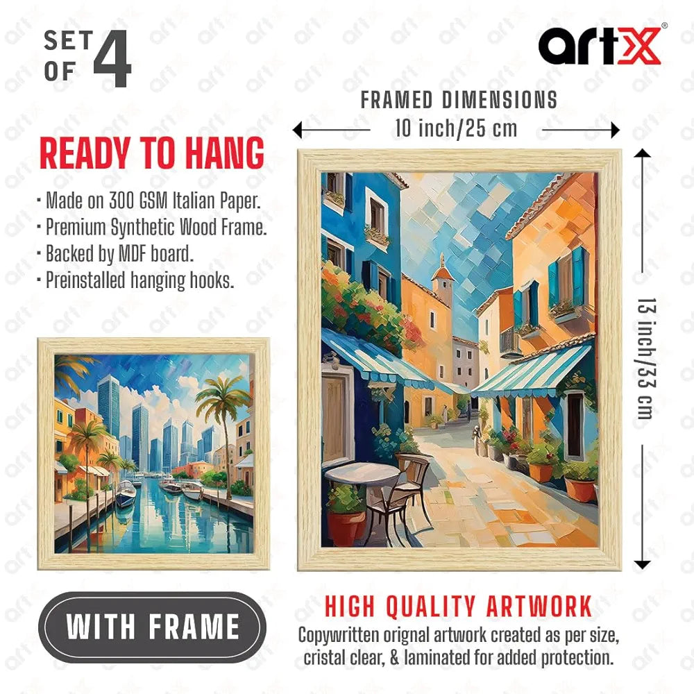 ArtX City Sunrise Paintings with Frame Abstract Multicolor Set of 4