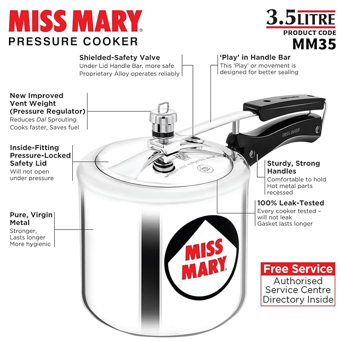 Hawkins 3.5 Litre Miss Mary Pressure Cooker Inner Lid Cooker Silver