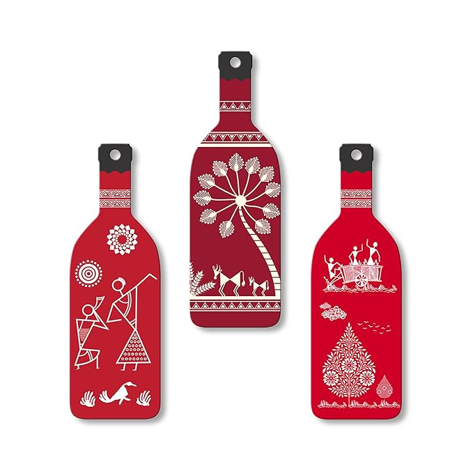 Artvibes Tribal Warli Art Wooden Wall Hanging for Home Decor | Set of 3