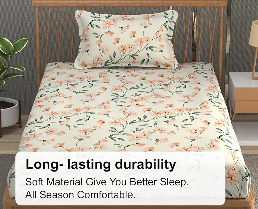 Fresh From Loom Single Bed Microfiber Floral Print Bedsheet 240 TC 1 Pillow Covers Barely-Peach