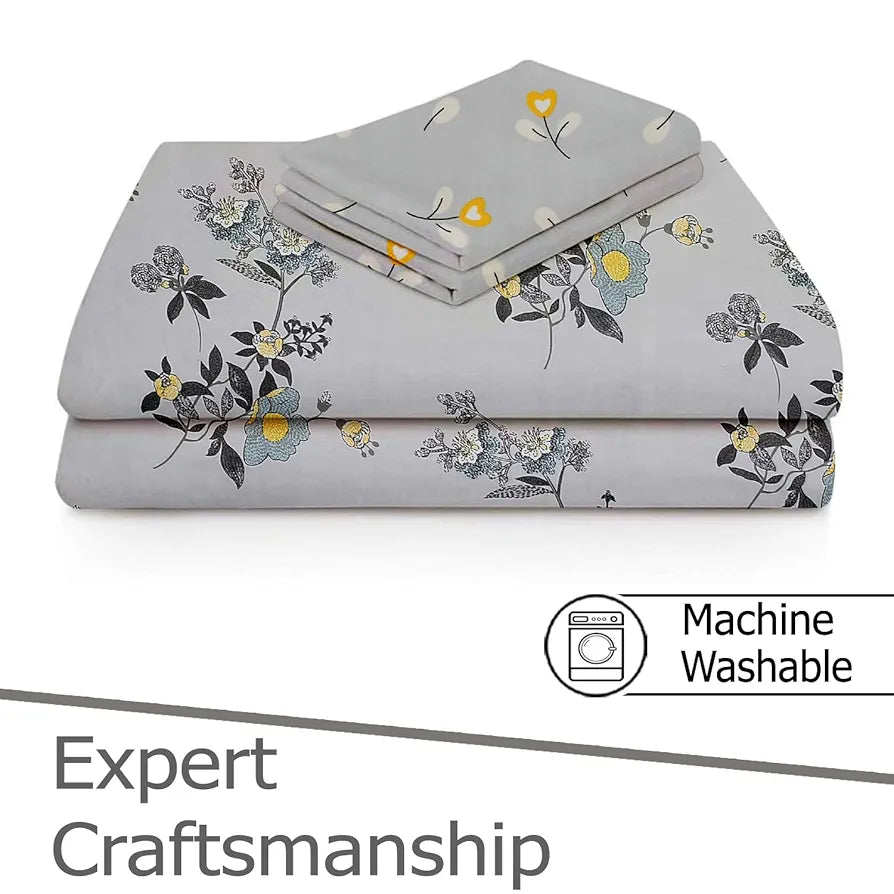 Fresh From Loom Floral XXL King Size Bedsheet for Double Bed 240 TC Hypoallergenic Soft Bed Sheet with 2 Pillow Cover Grey Sunflower