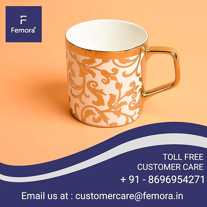 Femora Gloden Floral Motif Pattern Golden Tea Mugs, Ceramic | Coffee Mugs | 180 Ml | Golden | 6 Pcs Set | Not Microwave Safe