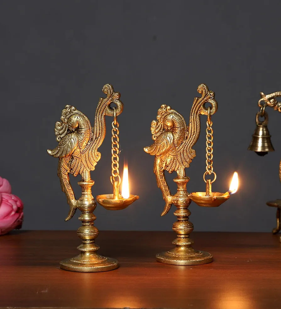 Two Moustaches 7 Inches Peacock on Pillar Design Brass Diya Pair