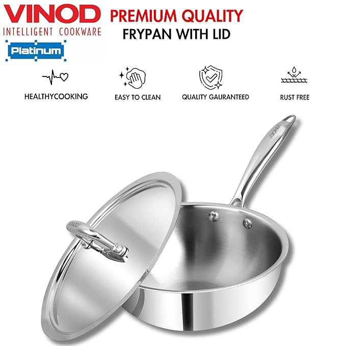 Vinod Platinum Triply Stainless Steel Frypan - 22cm | Deep Skillet Pan with Lid | Rivetted Study Handle | Induction & Gas Base