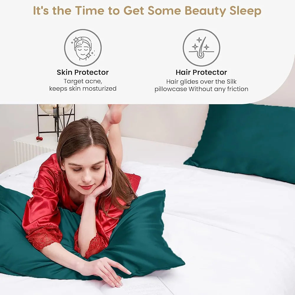 Cloth Fusion Satin Pillow Cover Set of 2 Pillow case with 3 Satin Soft Scrunchies Peacock Green