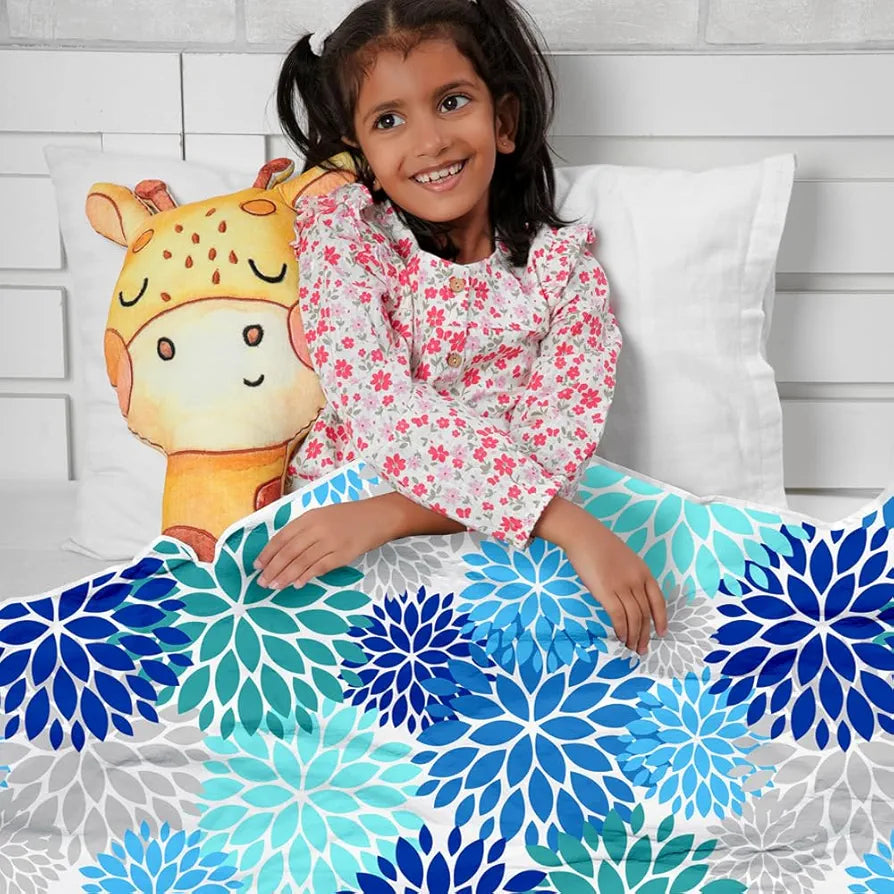 Divine Casa Floret 100% Cotton Single Kids Dohar 120 GSM Soft & Lightweight Throw Blanket Colour Blue Aqua