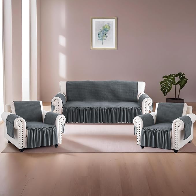 Kuber Industries Soft Velvet Quilted Single Seater Sofa Cover with Pocket Arms Frill Grey
