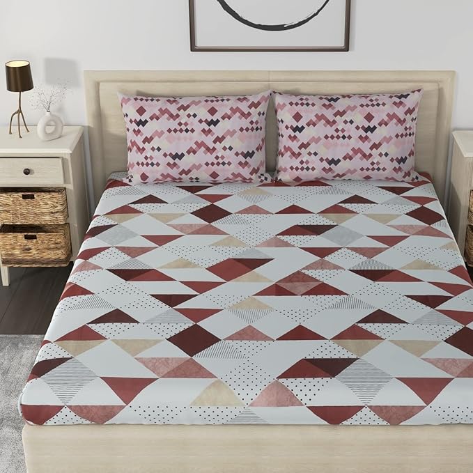 Huesland by Ahmedabad Cotton 186 TC Cotton Bedsheets for King Size Bed with 2 Pillow Covers | White, Brown & Brick