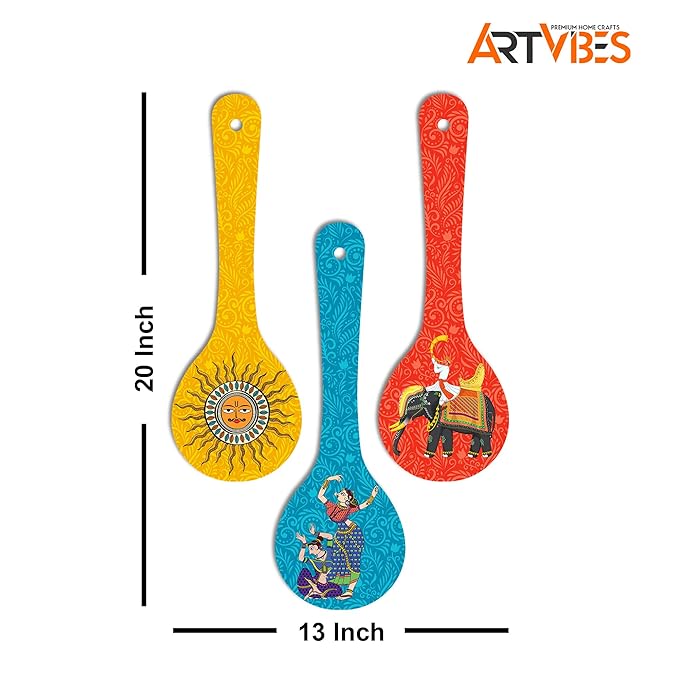 Artvibes Madhubani Art Wooden Wall Hanger for Home | Set of 3