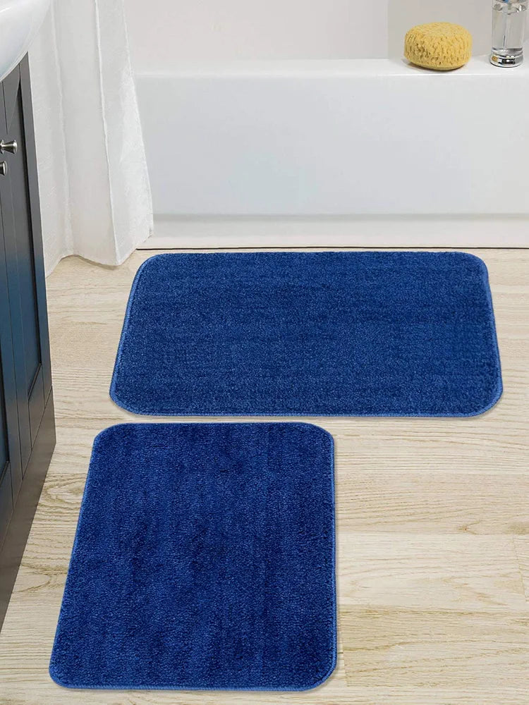 Saral Home Microfiber Solid Rectangle Anti-Skid Bath Mats Colour Blue (Pack of 2)