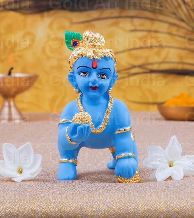 Gold Art India Ceramic Laddu Gopal Idol Gold pated with Blue Terracotta Finish Lord Krishna