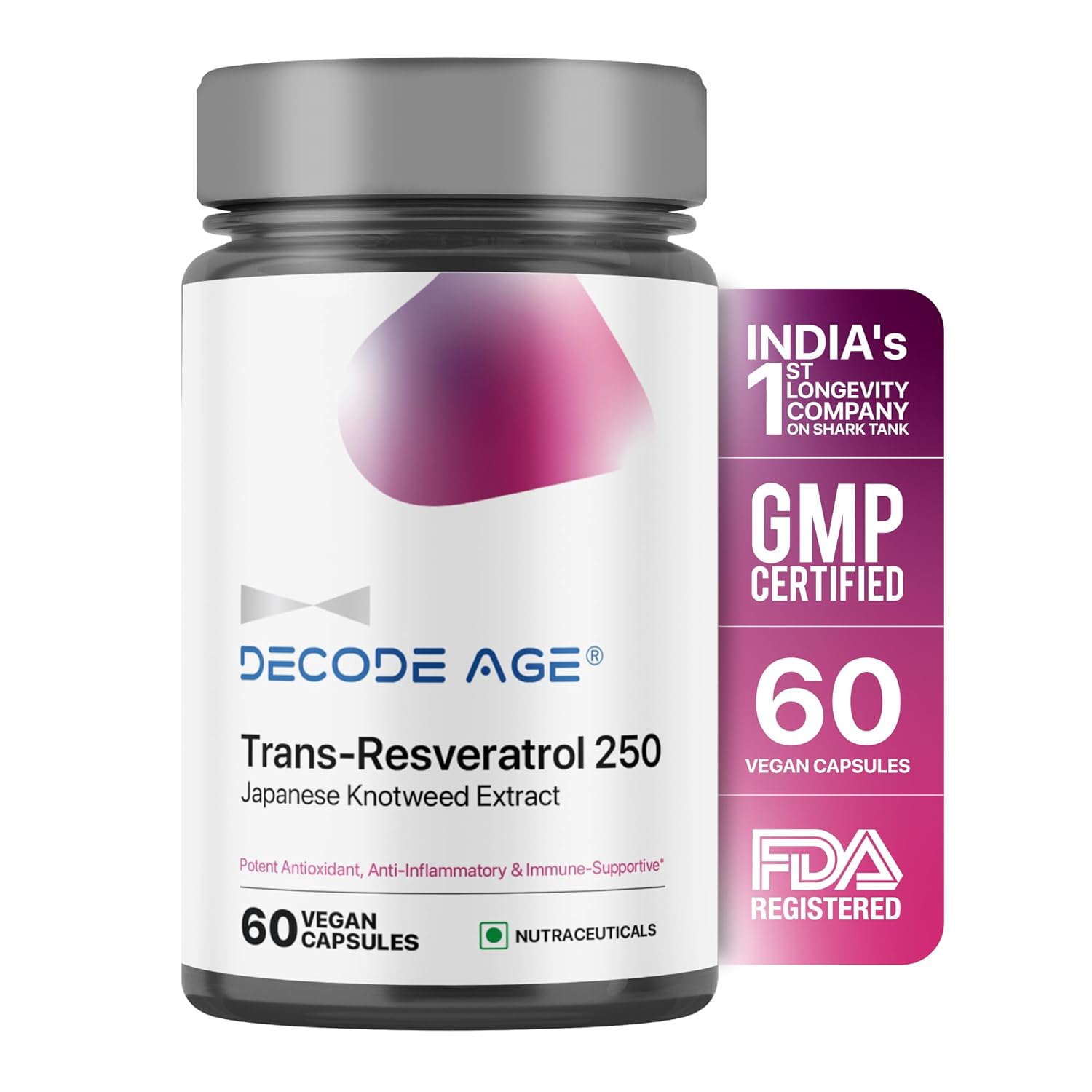 Decode Age 99.5% Pure Trans Resveratrol 250mg Capsules - 60 Caps