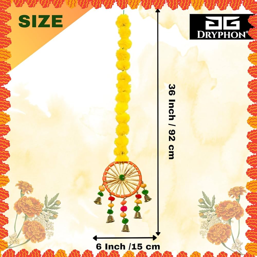 Artificial Marigold Flowers With Pom Pom Ring Bell Hanging Yellow