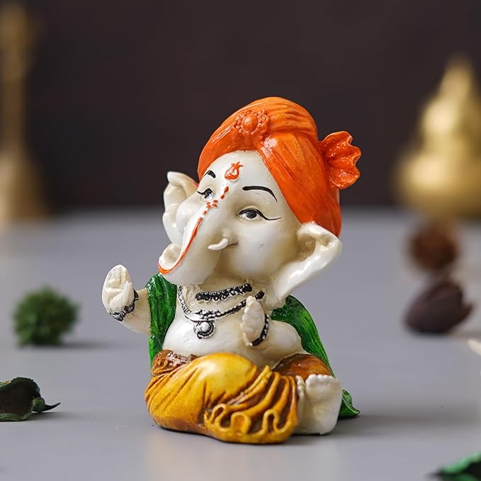 Ecraftindia Orange Polyresin Handcrafted Dancing Lord Ganesha Idol While Sitting | God Idol