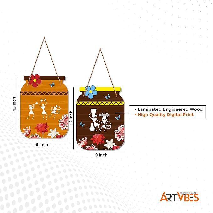 Artvibes Warli Art Decorative Wall Art Mdf Wooden Wall Hanger Ornaments for Living Room | Set of 2