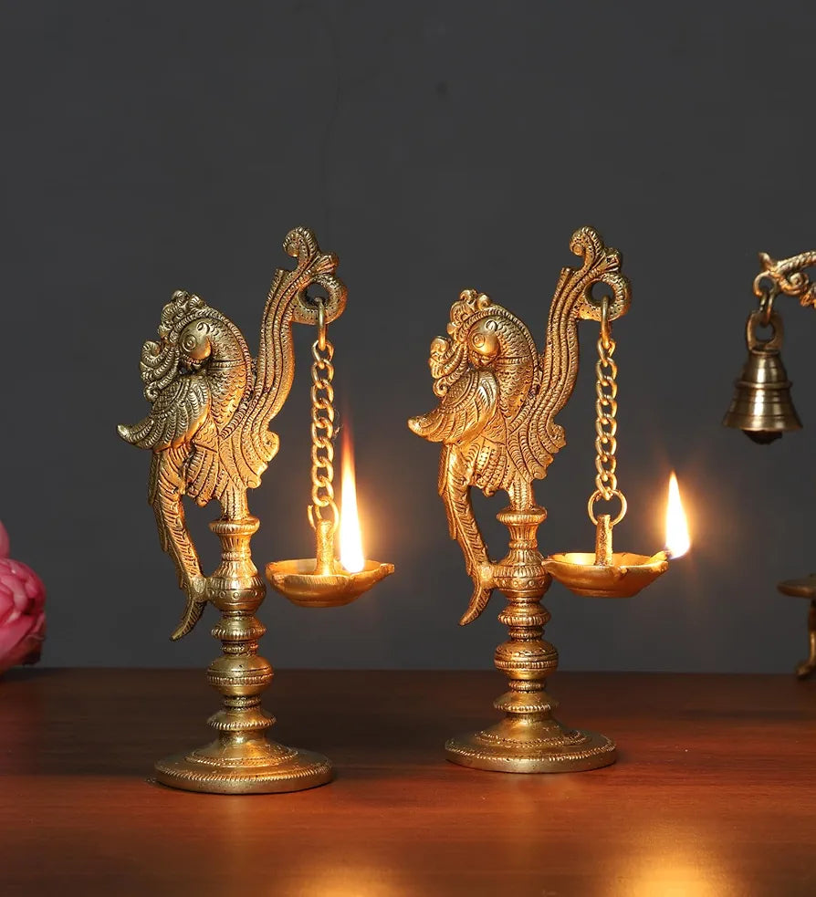 Two Moustaches 7 Inches Peacock on Pillar Design Brass Diya Pair