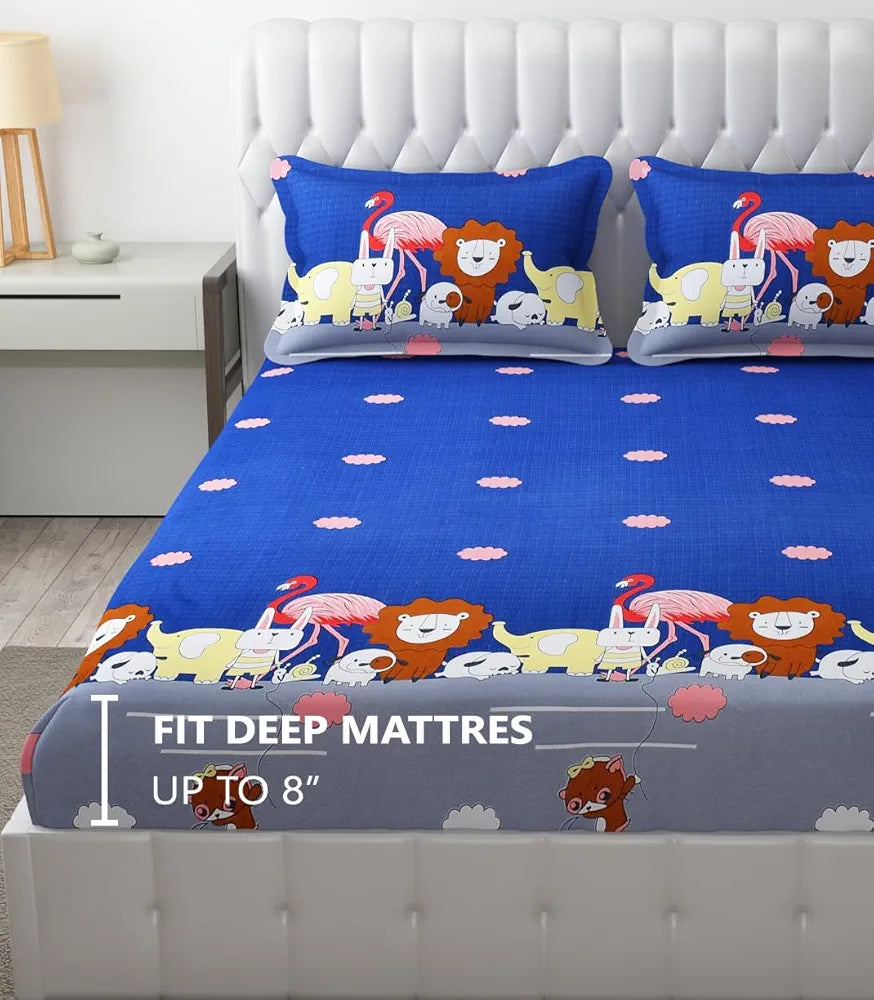 Fresh From Loom Elastic Fitted Cartoon Printed Bedsheets for Kids with 2 Pillow Jungle Blue Double Bed 300 TC
