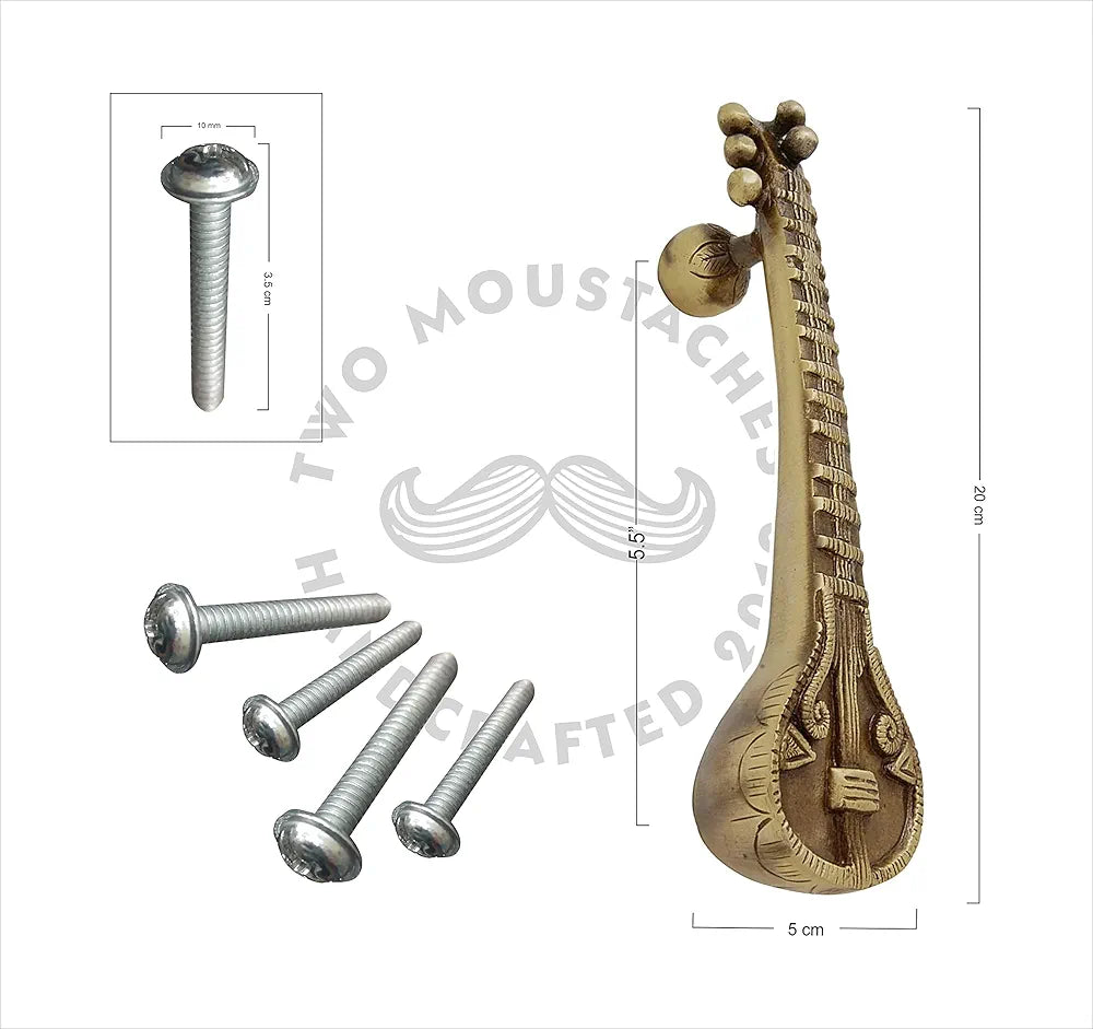Two Moustaches Sitar Design 8 Inches Brass Door Handle Brass