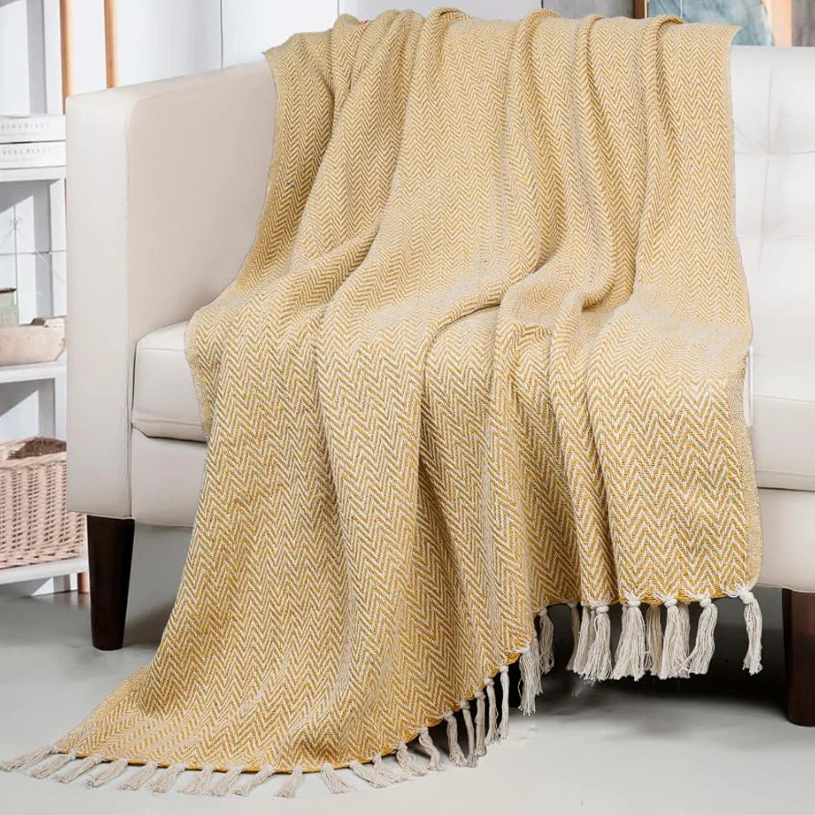 Homadorn All Season Cotton Weaved Throw Blanket Colour Yellow