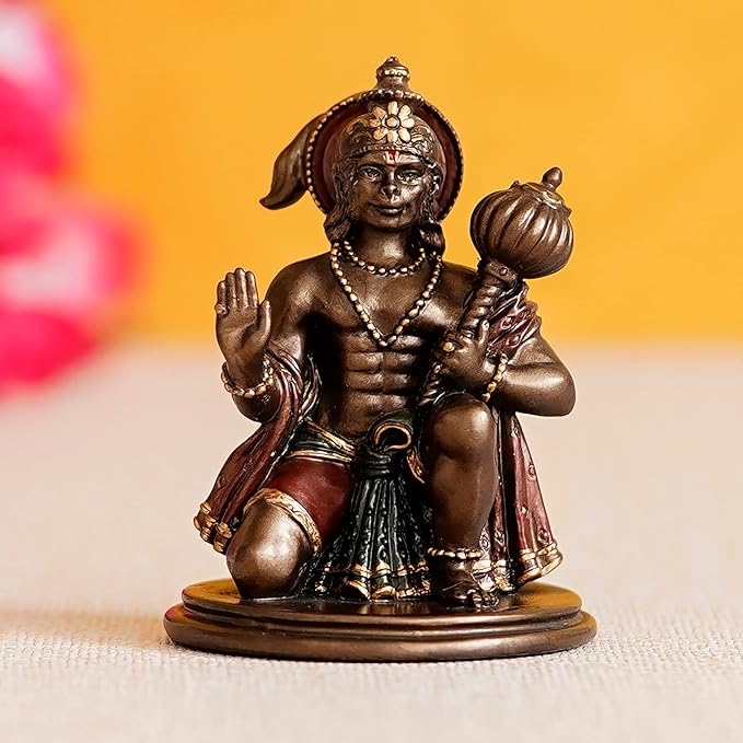 Ecraftindia Brown and Copper Polyresin Blessing Lord Hanuman Idol With Mace | Auspicious Religious God Idol