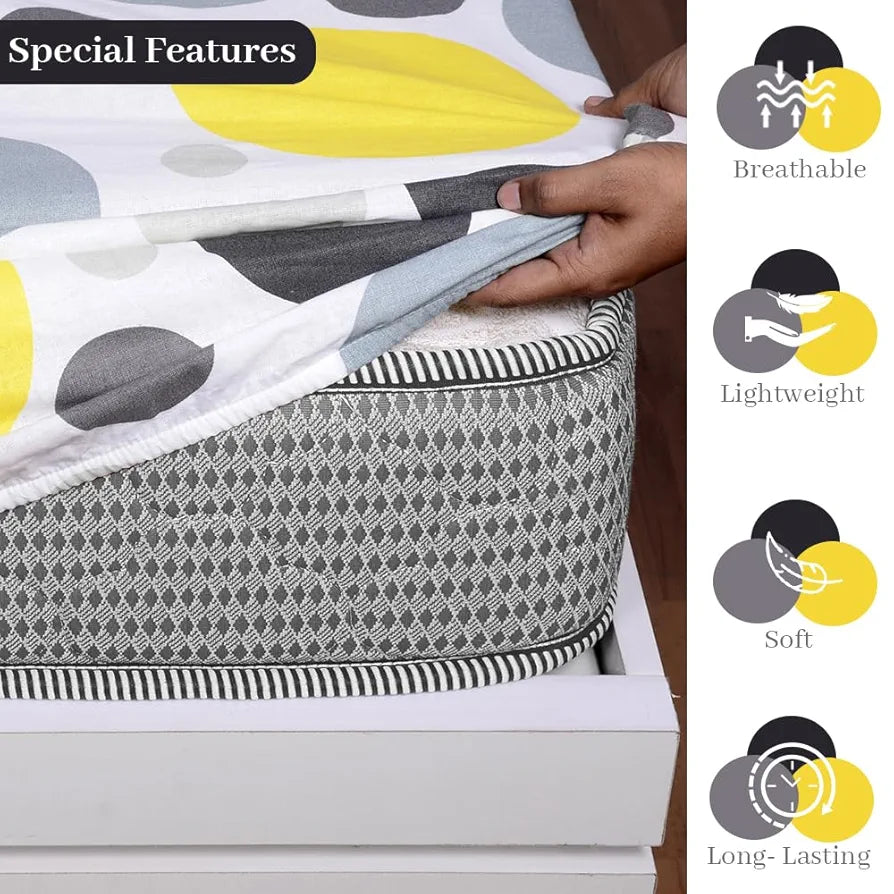 Divine Casa 144 TC Polka Print Yellow Skin Friendly 100% Cotton Elastic Fitted Bedsheets King Size Colour Quarry