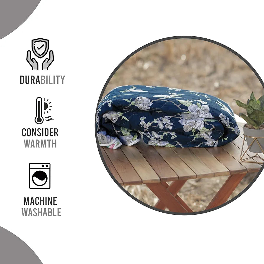 Divine Casa Microfibre 120 GSM Reversible Flower Print Single Bed Size Comforter Blanket TC - 120 Colour Sea Green and Blue