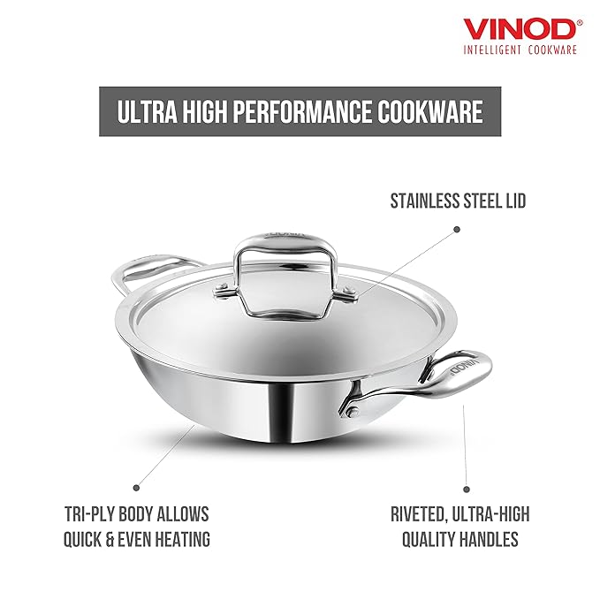 Vinod Platinum Triply Stainless Steel Cookware Kadai With Lid | 2.5 Litres | 24 Cm | 2.5 Mm Thick | 3 Layer Kadhai