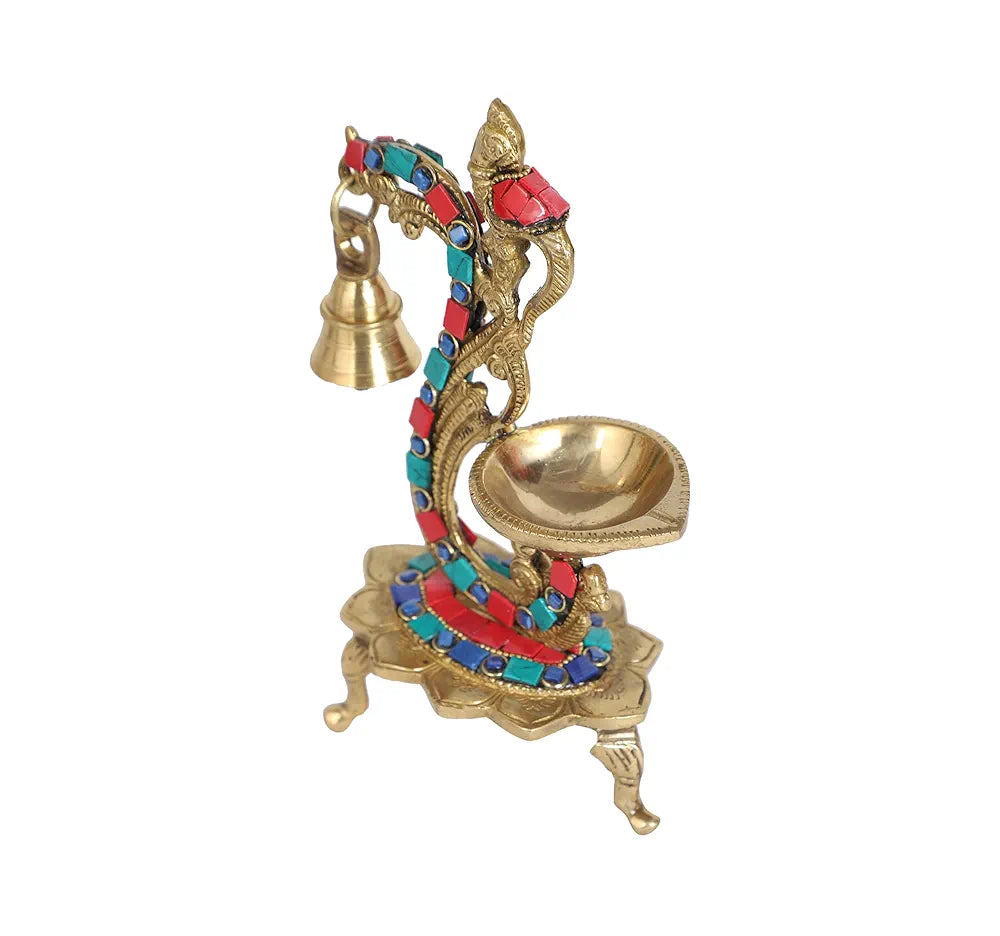 Two Moustaches Gemstone Work Ethnic Carved Peacock Design Brass Diya with Bell