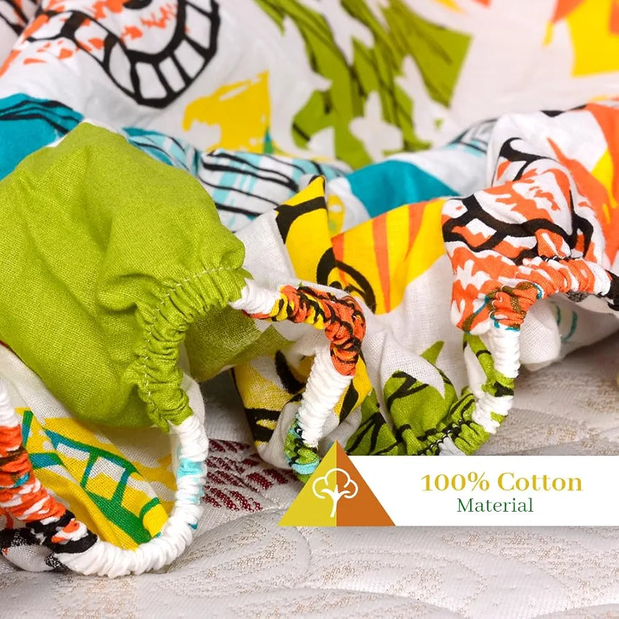 Divine Casa 144 TC Cotton Geometric Print Queen Size Double Bed Elastic Fitted Bedsheet with 2 Pillow Cover Colour Sunny Lime Punch