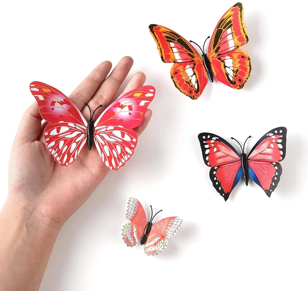 Xtore Plastic Home Decor 3D Butterfly with Sticking pad Set of 12 Shimmer Ferrari Red