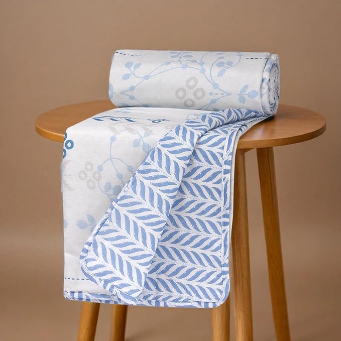 Huesland 100% Cotton Reversible Dohar Single Bed Cotton | Soft Cambric Weave | All Weather Light Ac Blanket | White & Arctic Blue