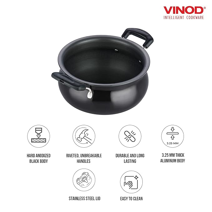 Vinod Black Pearl Hard Anodised Non Stick Handi with Lid - 3.8 Litre, Small | 3.25mm Thickness | Biryani Pot