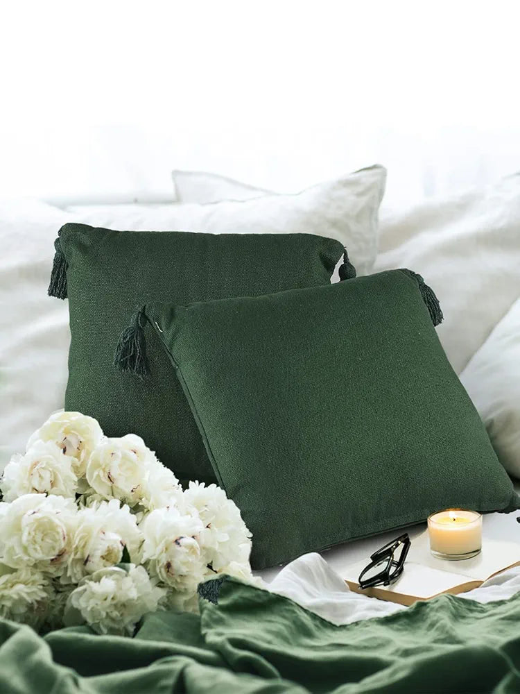 Sashaa World 100% Cotton Cushion Covers Colour Green With Tassels/decorative Throw Pillow( Set Of 2)
