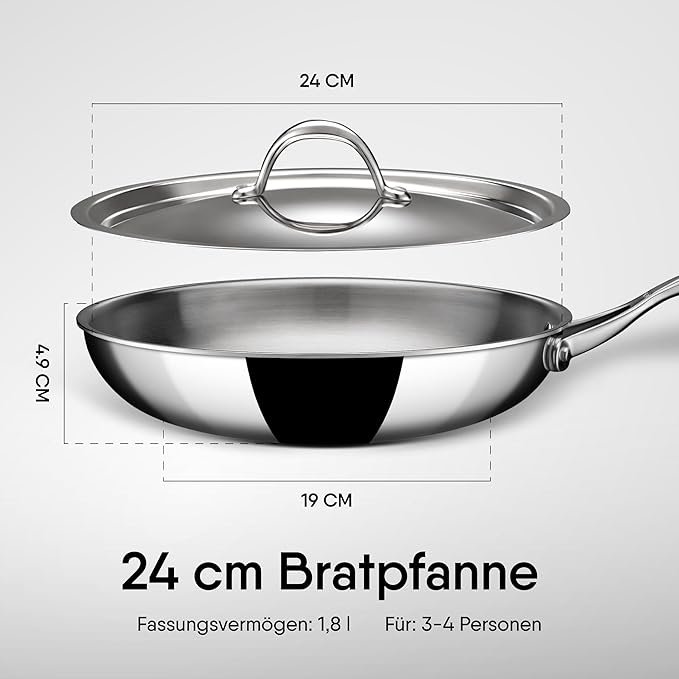 Stahl Artisan Triply Stainless Steel Fry Pan With Lid | Induction & Gas Stove Compatible Frying Pan | 1.3 L  22 Cm