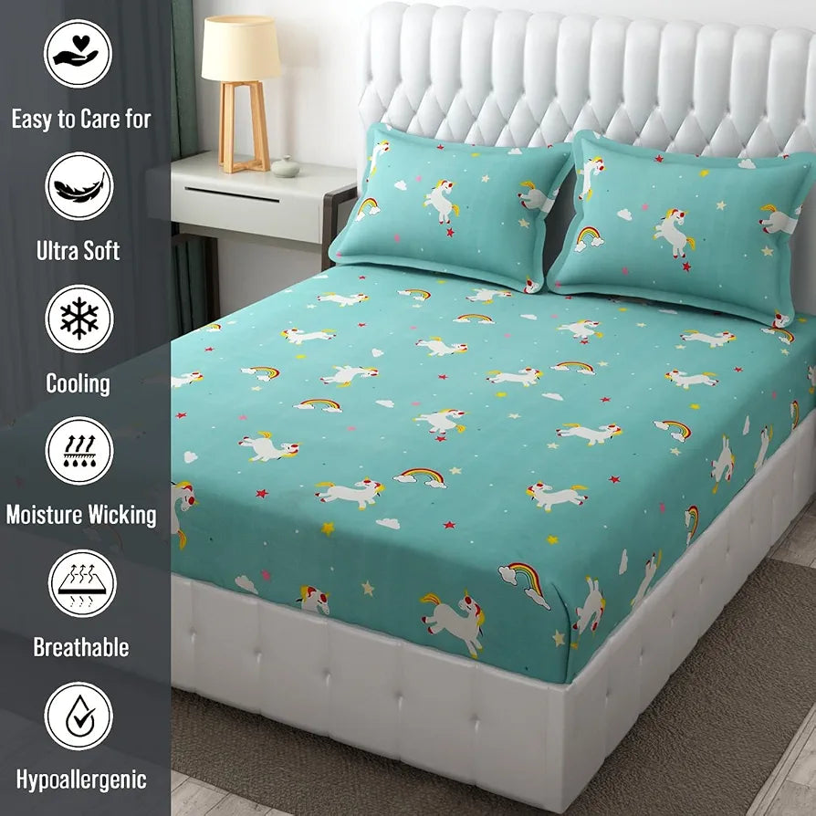 Fresh From Loom Cartoon Wrinkle Free Microfiber Bedsheet for Kids Multicolor 144 TC Teal