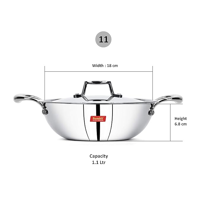 Sumeet Cook Smart TriPly Steel Aluminium Steel 3 Layers Kadhai with Lid - 1.1 Ltr - 18Cm
