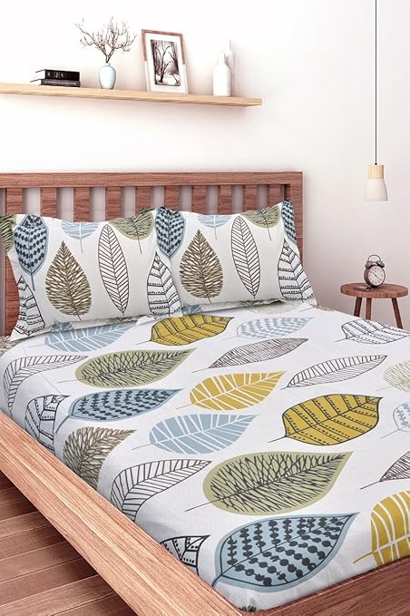 Huesland by Ahmedabad Cotton 144 TC Cotton King Size Bedsheet with 2 Pillow Covers | Beige, Green, Blue